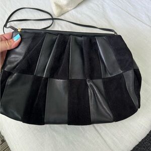 Clare V Belle clutch w/ patchwork suede & leather. Detachable crossbody strap